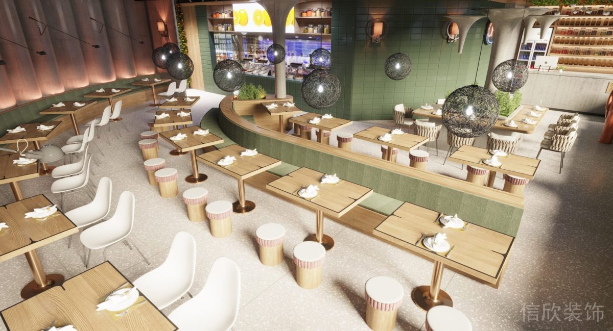 深圳鹽田區沙頭角快餐店長條弧形沙發卡座裝修設計