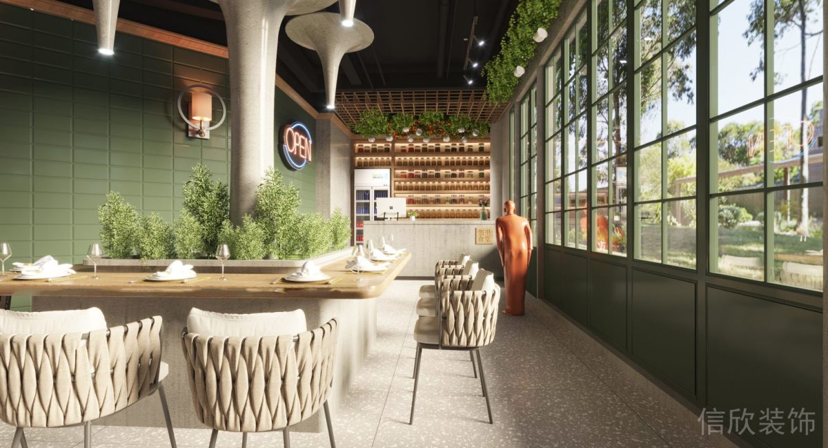 深圳鹽田區沙頭角快餐店餐桌圍繞柱子裝修設計