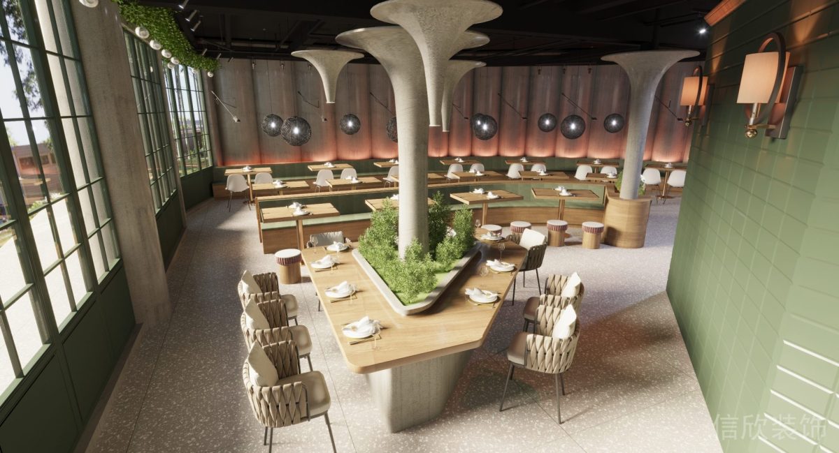 深圳鹽田區沙頭角快餐店梯形中島餐桌裝修設計