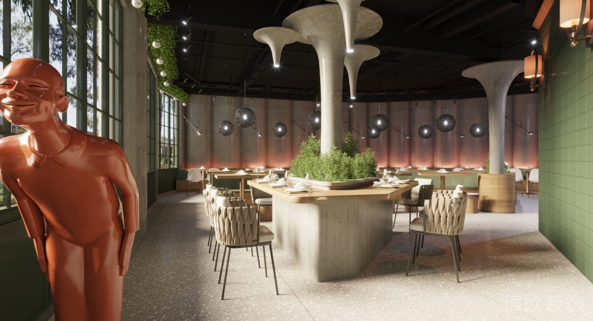 深圳鹽田區沙頭角快餐店中島餐桌圓形柱子裝修設計