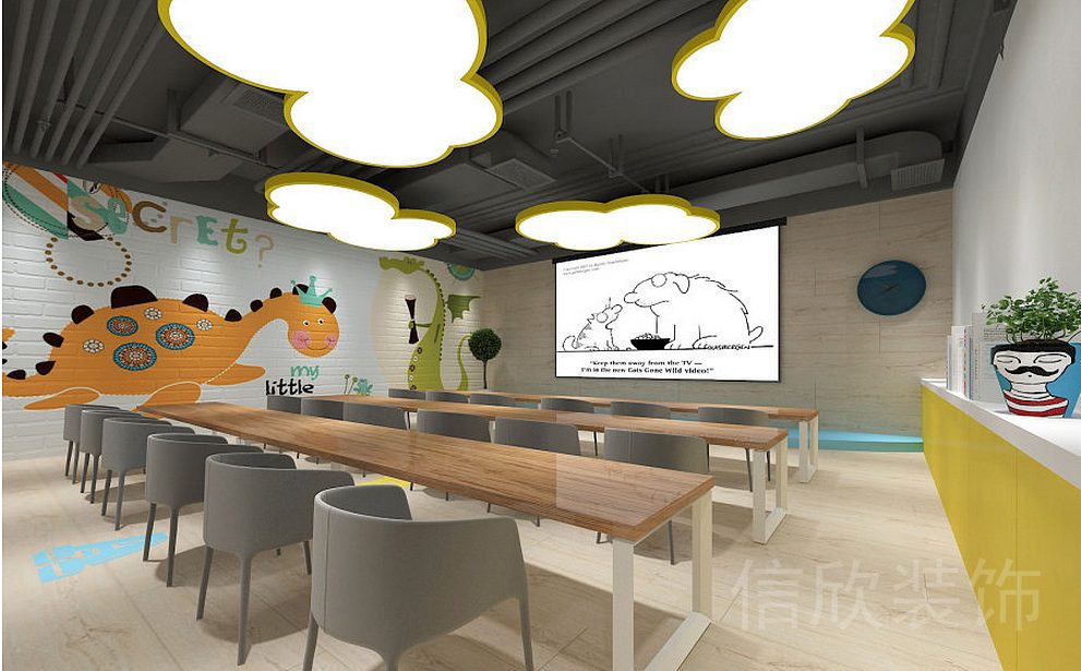 新龍大廈伯爾德國際英語教學(xué)沙龍中心培訓(xùn)機構(gòu)恐龍墻創(chuàng)意藝術(shù)多功能教室