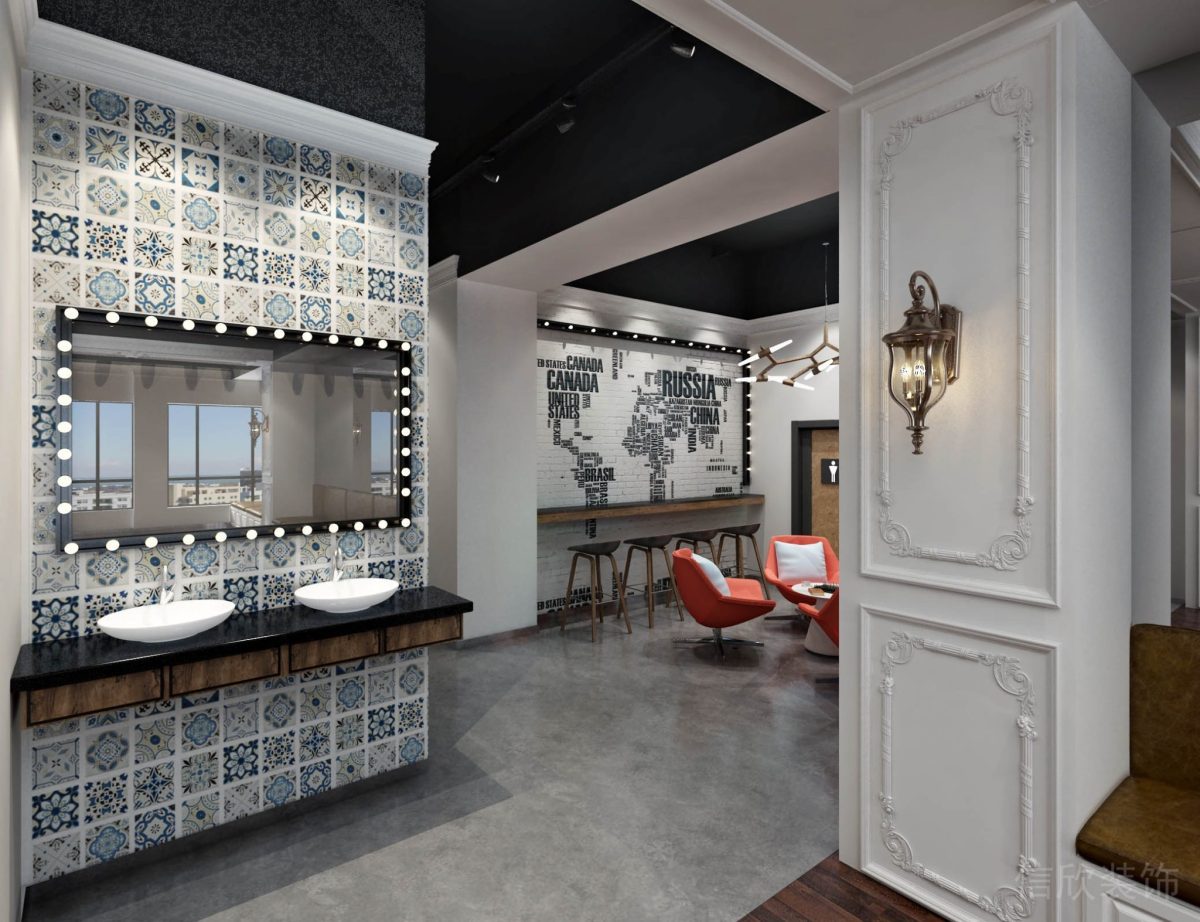 東莞培訓機構(gòu)風火創(chuàng)意園舞蹈培訓洗手臺大理石壁燈石膏線藝術(shù)民族風瓷磚拼貼過道