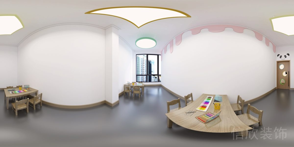 深圳市海港大廈全景圖環(huán)形柱體墻頂奶酪流動元素幼兒落地窗木質(zhì)座椅環(huán)保教室