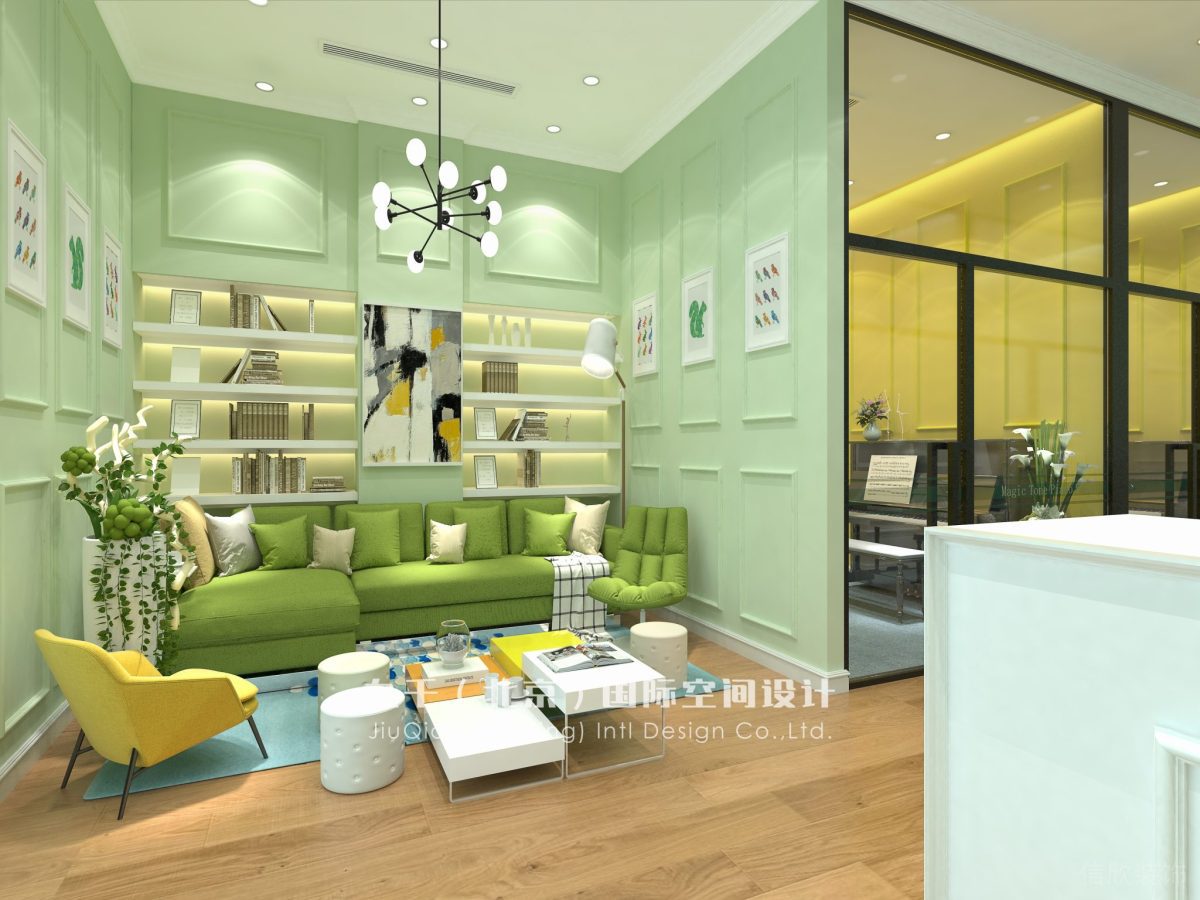 羅湖區(qū)東門文華大廈音樂培訓學習興趣班琴房鋼琴課程大廳側視圖綠色榻榻米沙發(fā)內嵌式儲物書架休息區(qū)裝修設計