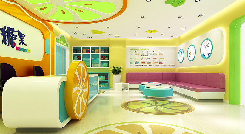 深圳市糖果培訓(xùn)機(jī)構(gòu)前臺(tái)側(cè)視圖亞克力空間裝修設(shè)計(jì)