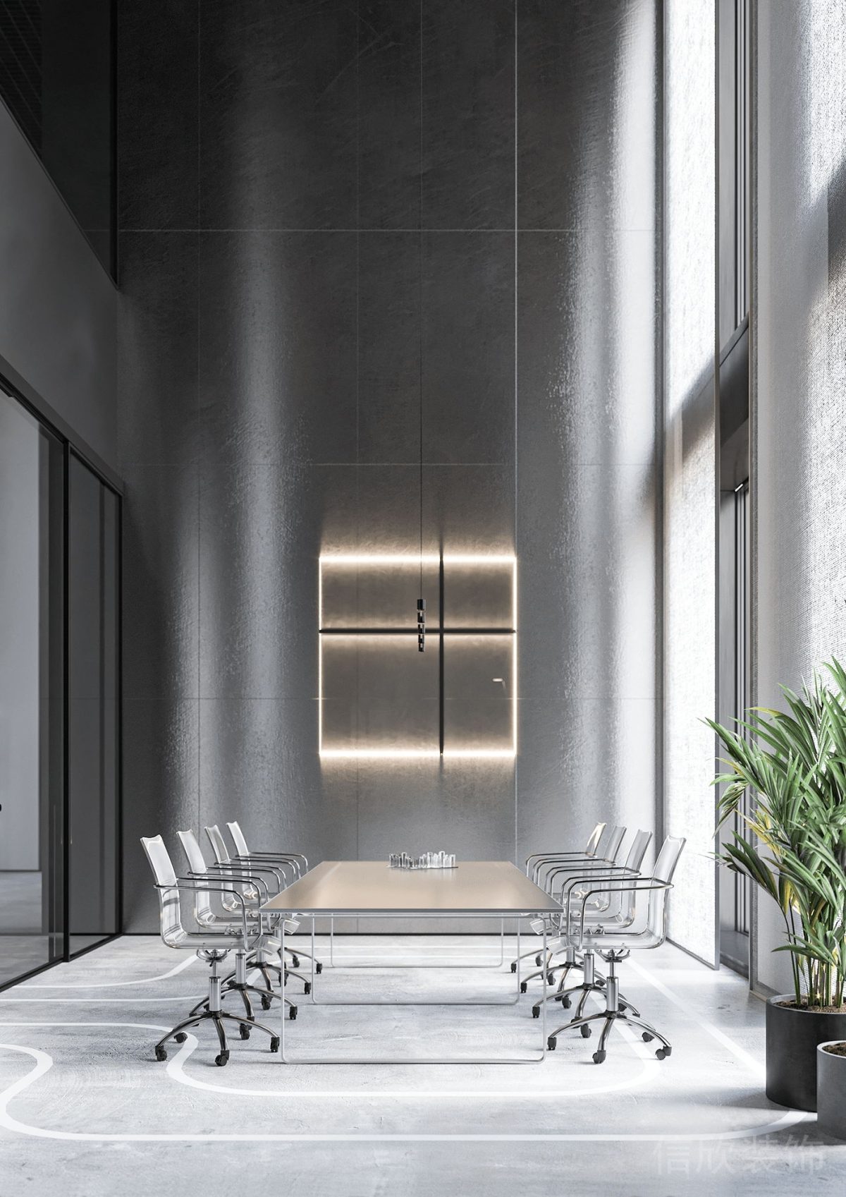 高級灰色系簡約風(fēng)辦公空間會(huì)議室金屬板背景墻設(shè)計(jì)
