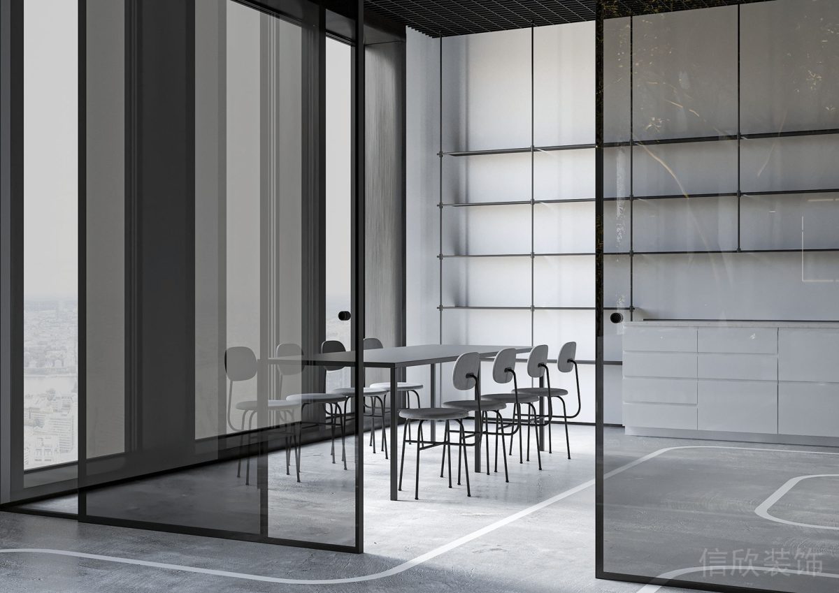 高級灰色系簡約風(fēng)辦公空間會(huì)議室玻璃移門設(shè)計(jì)