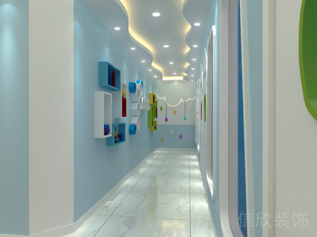 深圳市羅湖區(qū)東門(mén)海豚街國(guó)際少兒鋼琴培訓(xùn)中心藍(lán)色過(guò)道曲線天花吊頂