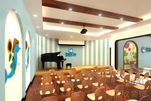 深圳市羅湖區(qū)東門海豚街國際少兒鋼琴培訓(xùn)中心鋼琴演奏小舞臺藍白條紋墻面效果圖