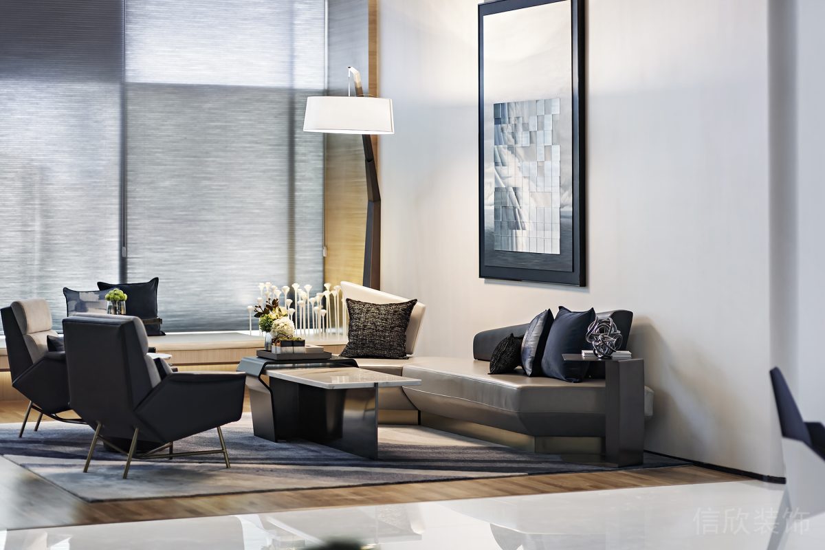辦公室裝修設(shè)計(jì)商務(wù)風(fēng)黑白調(diào)沙發(fā)木質(zhì)地板
