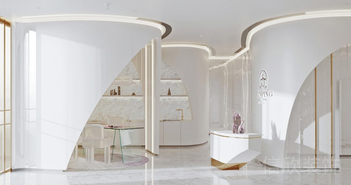 弧形簡約風普拉提大理石大廳前臺區(qū)設(shè)計