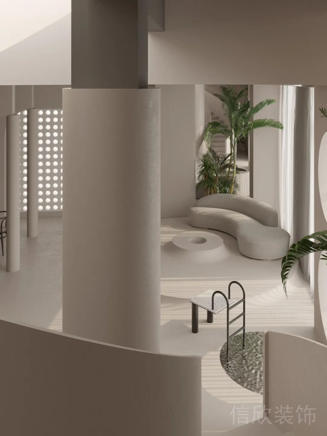 弧形無邊沙發(fā)休息區(qū)大廳簡約風(fēng)瑜伽機(jī)構(gòu)裝修