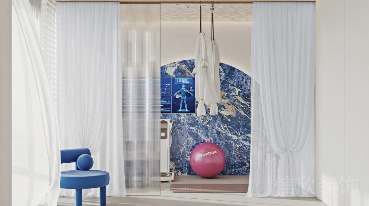 普拉提機(jī)構(gòu)裝修設(shè)計(jì)大理石藝術(shù)環(huán)形墻體裝飾條紋玻璃過(guò)道隔斷效果圖