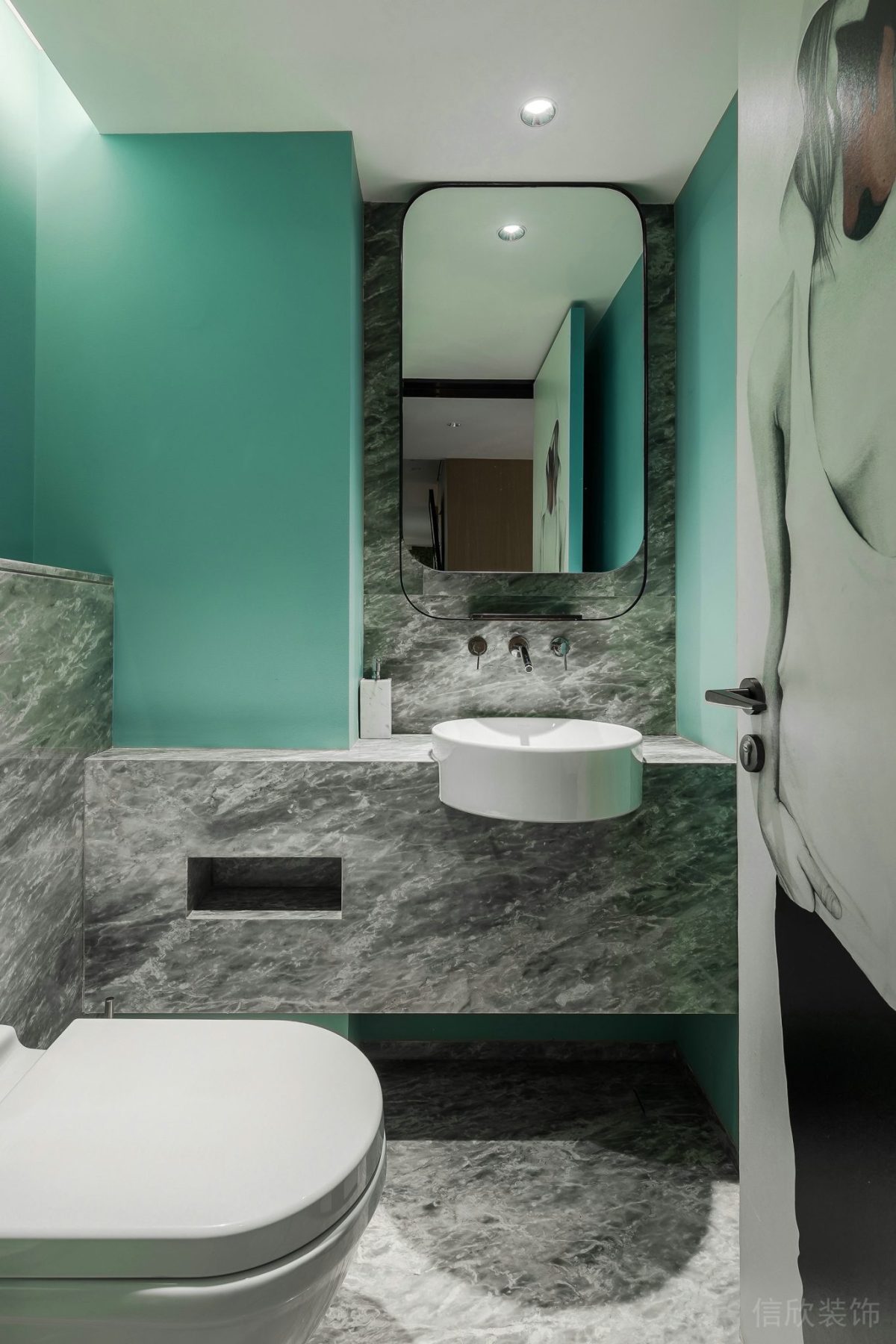 清新大理石獨立洗手間辦公室裝修設計鏡面現(xiàn)代風