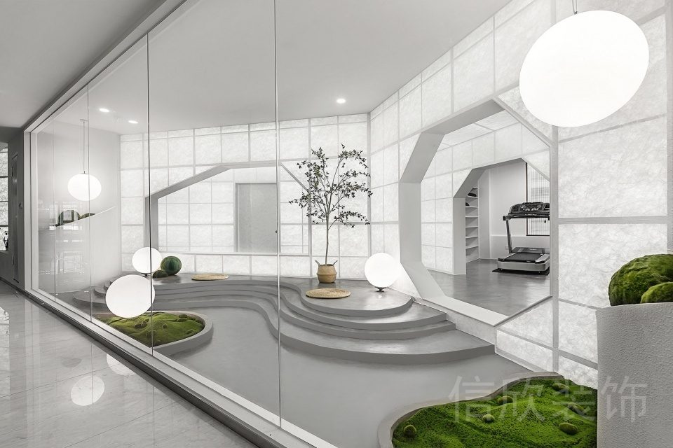 透明玻璃設計弧形階梯式大理石裝修瑜伽機構