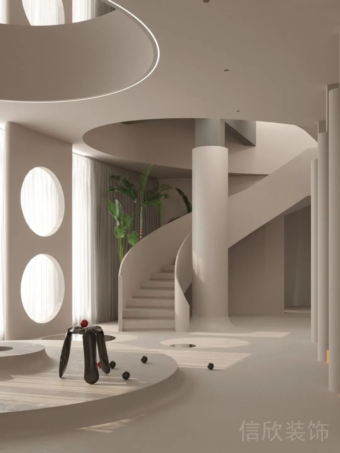 瑜伽機(jī)構(gòu)大廳休息區(qū)地臺弧形設(shè)計(jì)純白效果