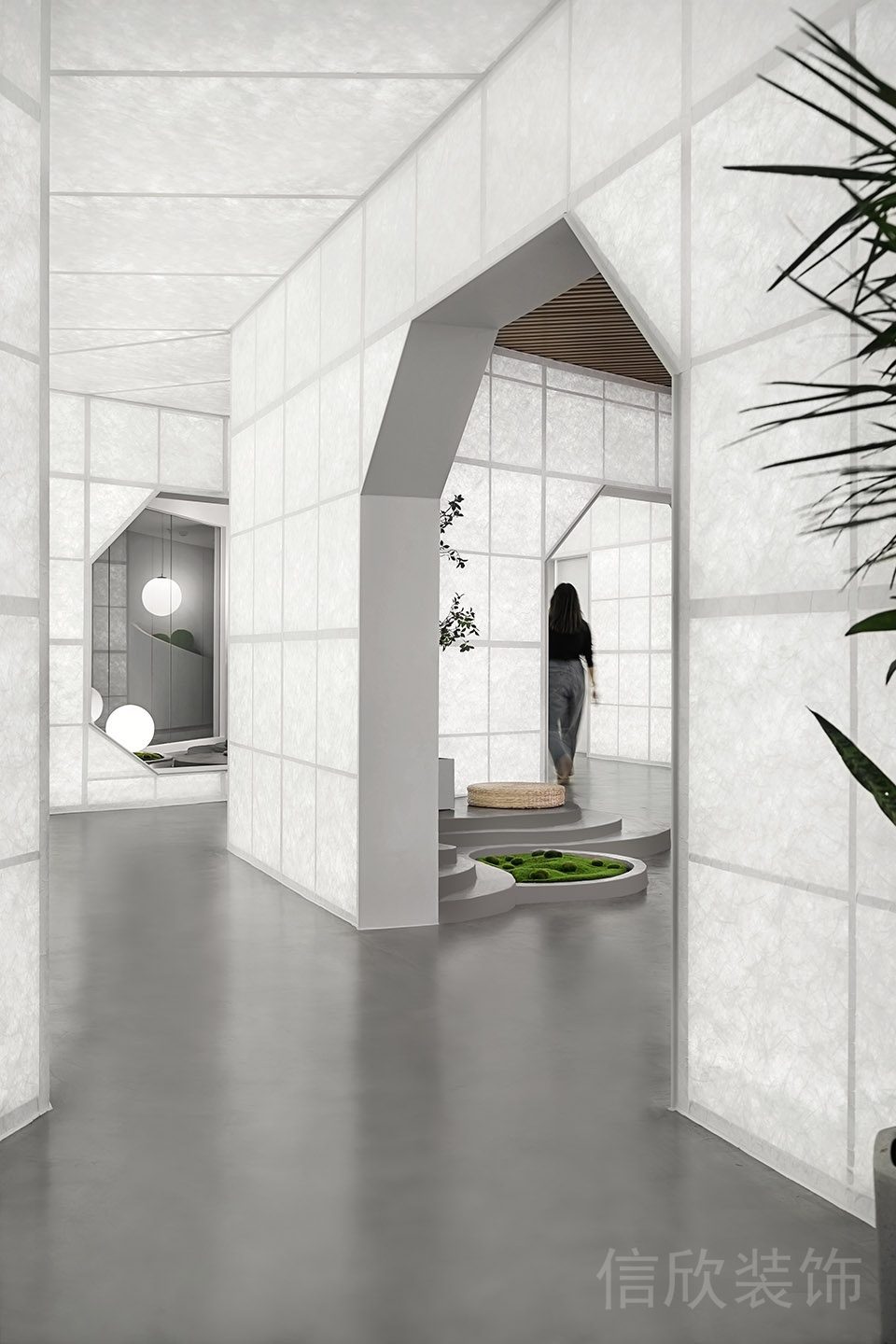 瑜伽機構走廊綠植盆栽裝修大理石地板設計圖