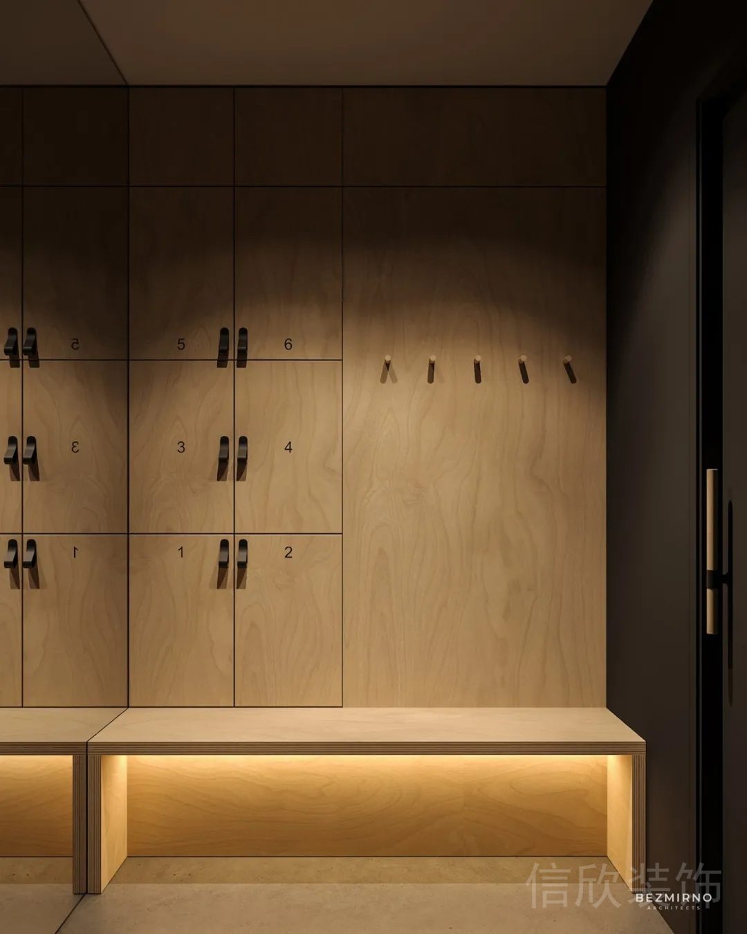 原木風(fēng)瑜伽機(jī)構(gòu)裝修設(shè)計(jì)更衣室儲物柜休息區(qū)