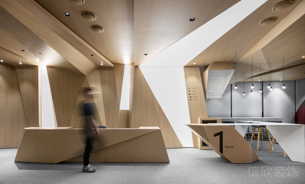 原木風裝修設(shè)計前臺設(shè)計led內(nèi)嵌式燈飾天花吊頂