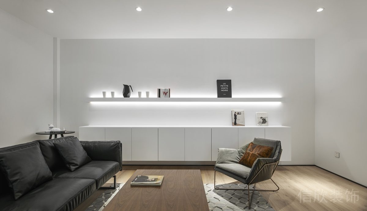 辦公室實木地板設計燈飾收納柜黑色皮革沙發(fā)