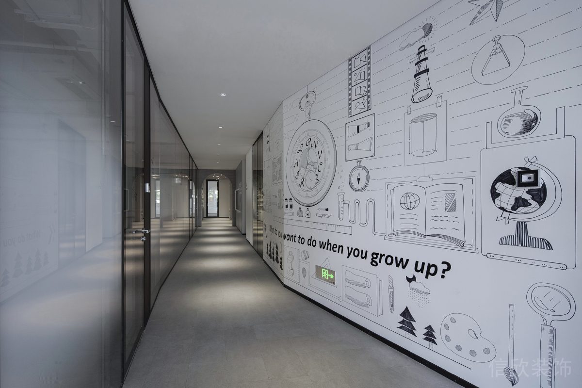 辦公室走廊黑白色調涂鴉墻體藝術繪制幸效果圖休息區過道