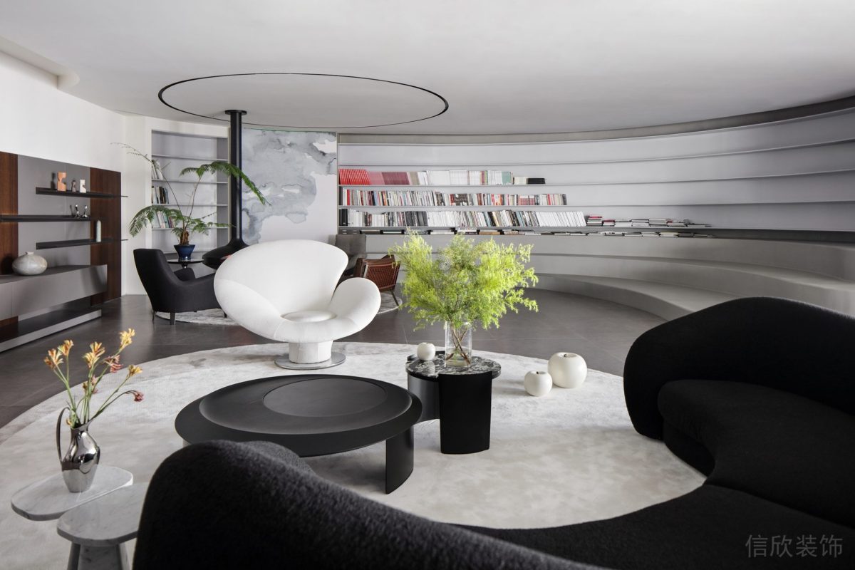 白色貝殼式懶人沙發(fā)設計搭配白色反絨皮地毯裝修辦公室休息區(qū)裝修