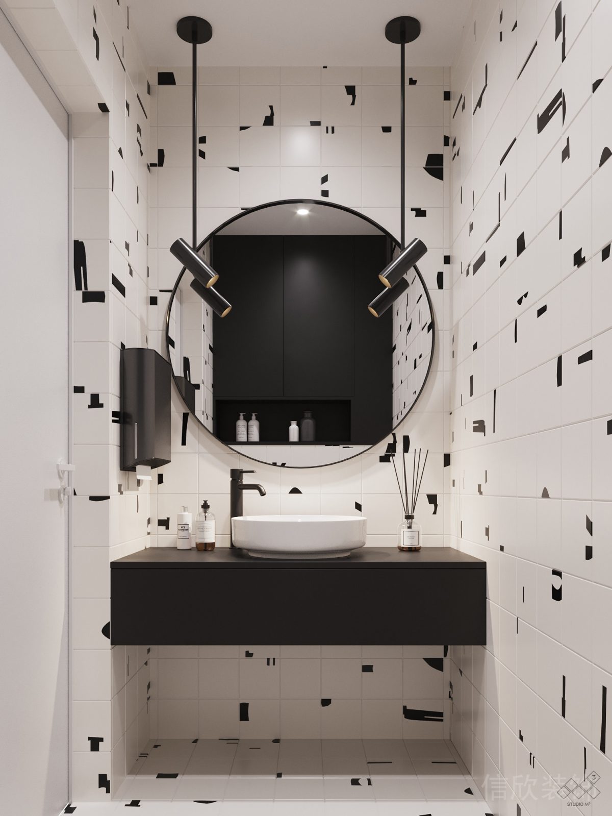 黑白涂鴉搭配墻壁地板設計固定式黑色洗手臺裝修辦公室洗漱區裝修圖