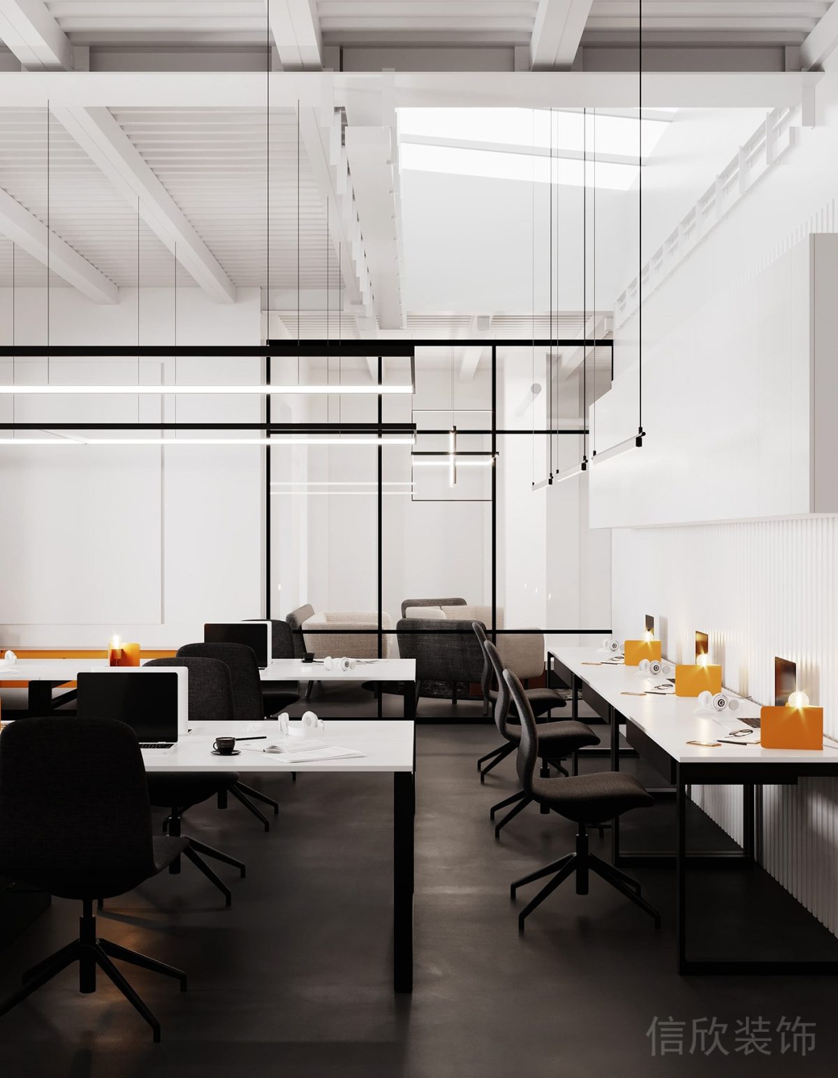 黑白撞色桌板設計人體工學椅裝修辦公室工作區設計圖