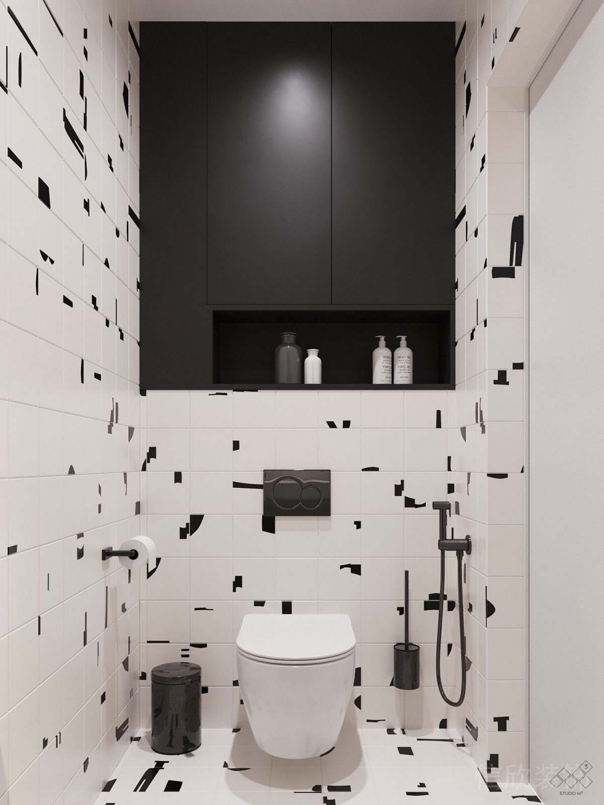 內嵌式黑色調原木置物柜裝修辦公室廁所設計效果圖