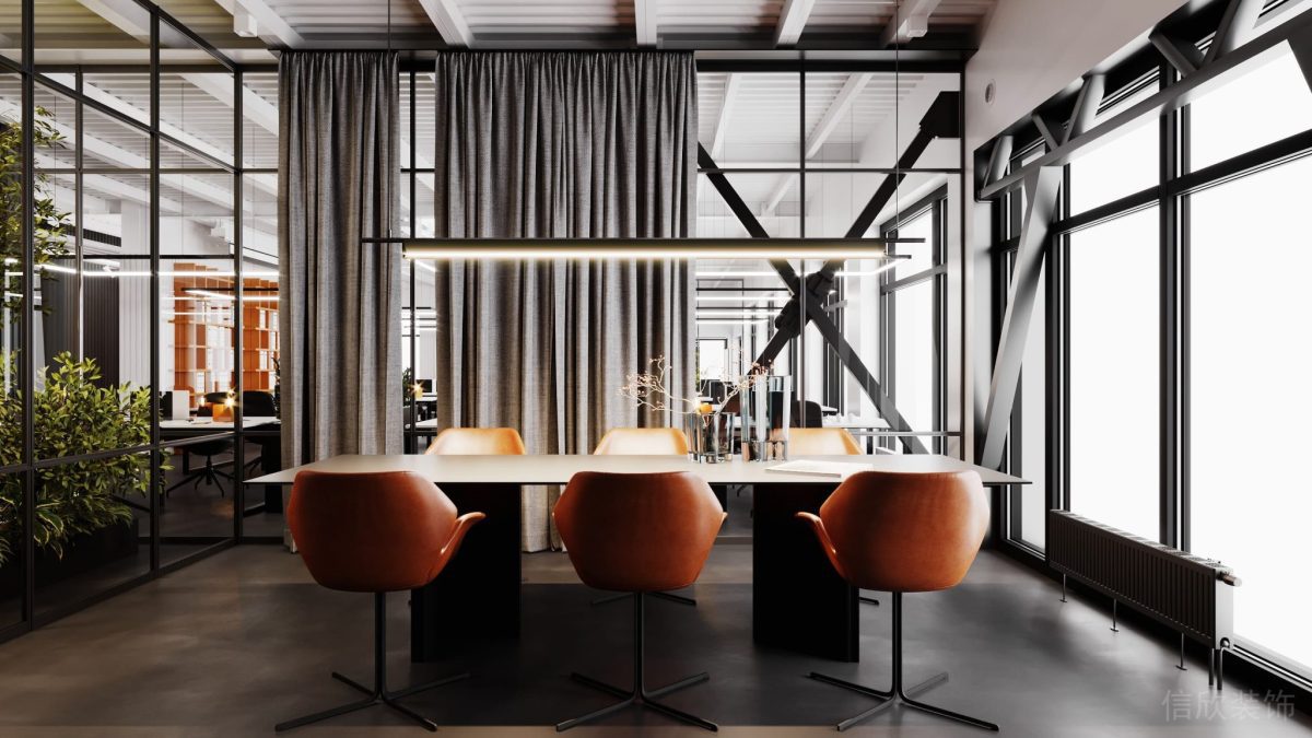 全落地式玻璃設(shè)計(jì)原木方形桌板裝修智能科技窗簾設(shè)計(jì)辦公室會(huì)議室設(shè)計(jì)