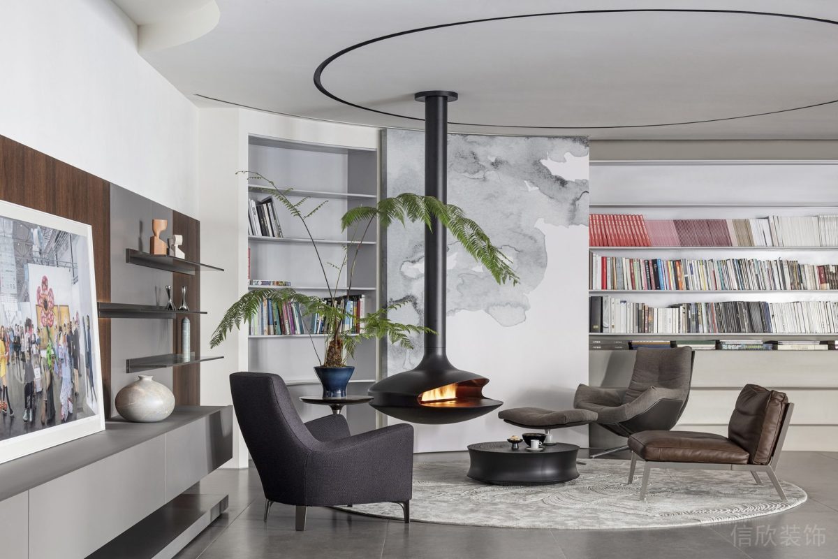 懸吊式黑色調(diào)暖爐設計皮革商務座椅設計辦公室裝修設計圖