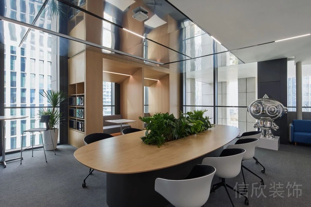 圓角木質(zhì)工作桌裝修設(shè)計(jì)收納定制墻柜效果辦公室設(shè)計(jì)