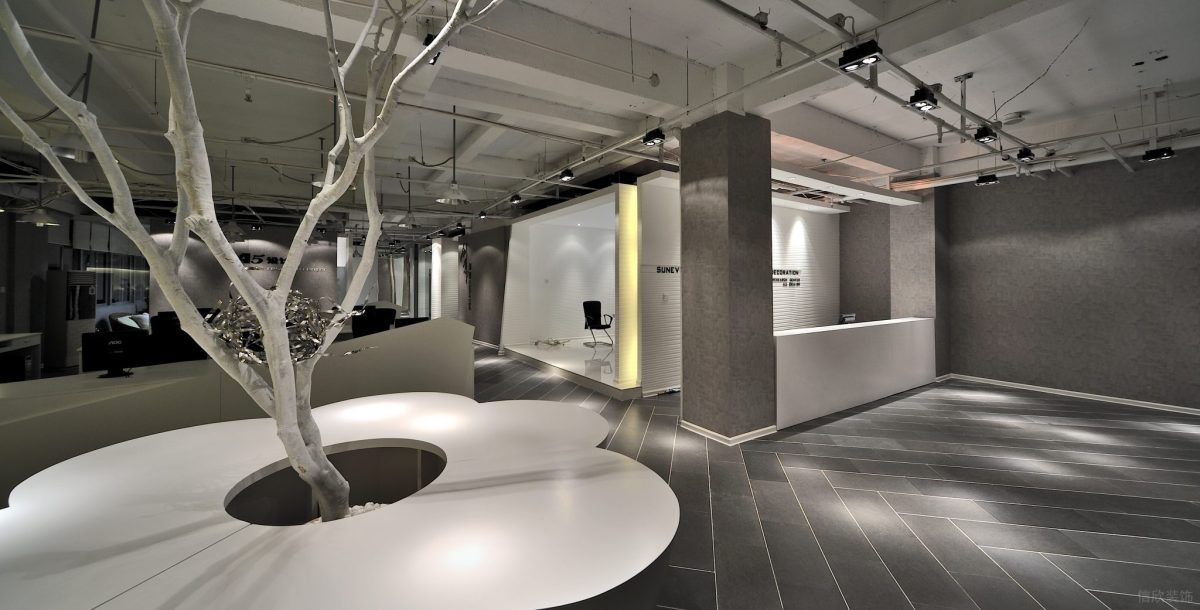 圓形花卉沙發(fā)休息區(qū)白色工業(yè)風裝修效果圖射燈設計