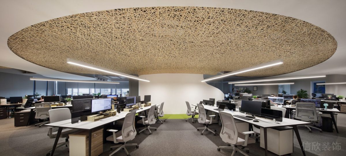 圓形環(huán)繞式原木編織品天花板裝修懸吊式條形燈帶辦公室設計圖