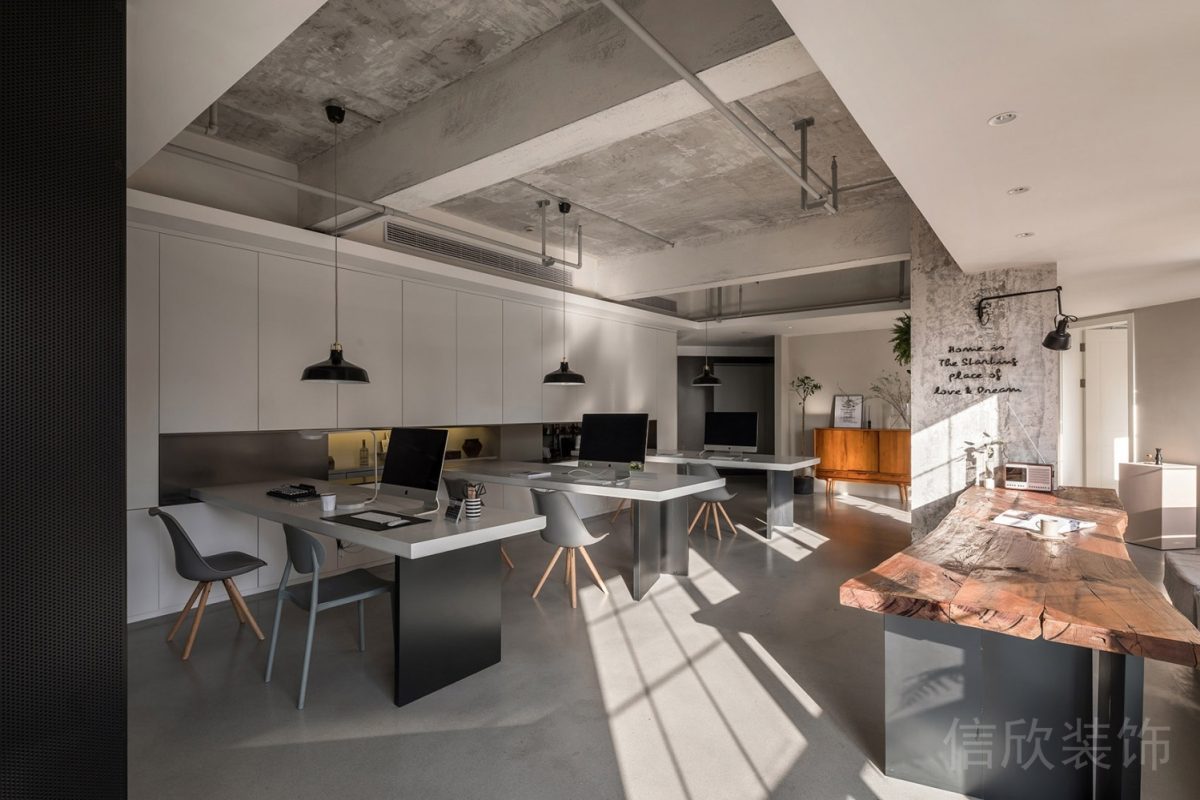 辦公室裝修設(shè)計(jì)復(fù)古工業(yè)風(fēng)裝修工位裝修效果直線式長桌