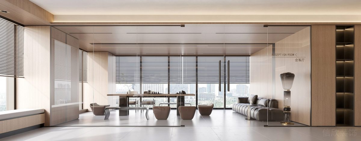 玻璃隔斷過道效果內嵌式儲物柜木質辦公室設計圖