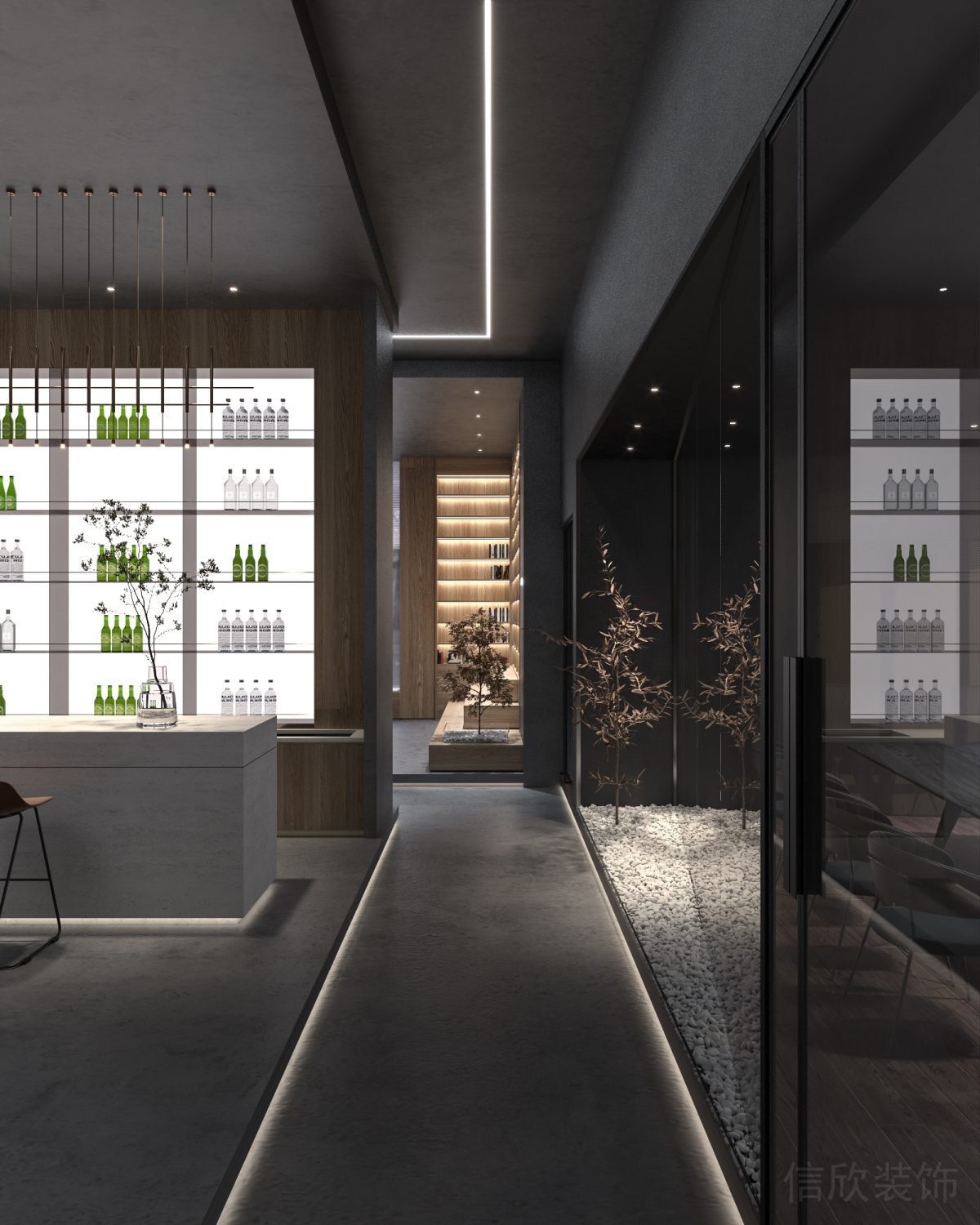 玻璃隔斷墻體設(shè)計(jì)辦公室裝修直線式了的燈飾效果木制收納墻柜裝修