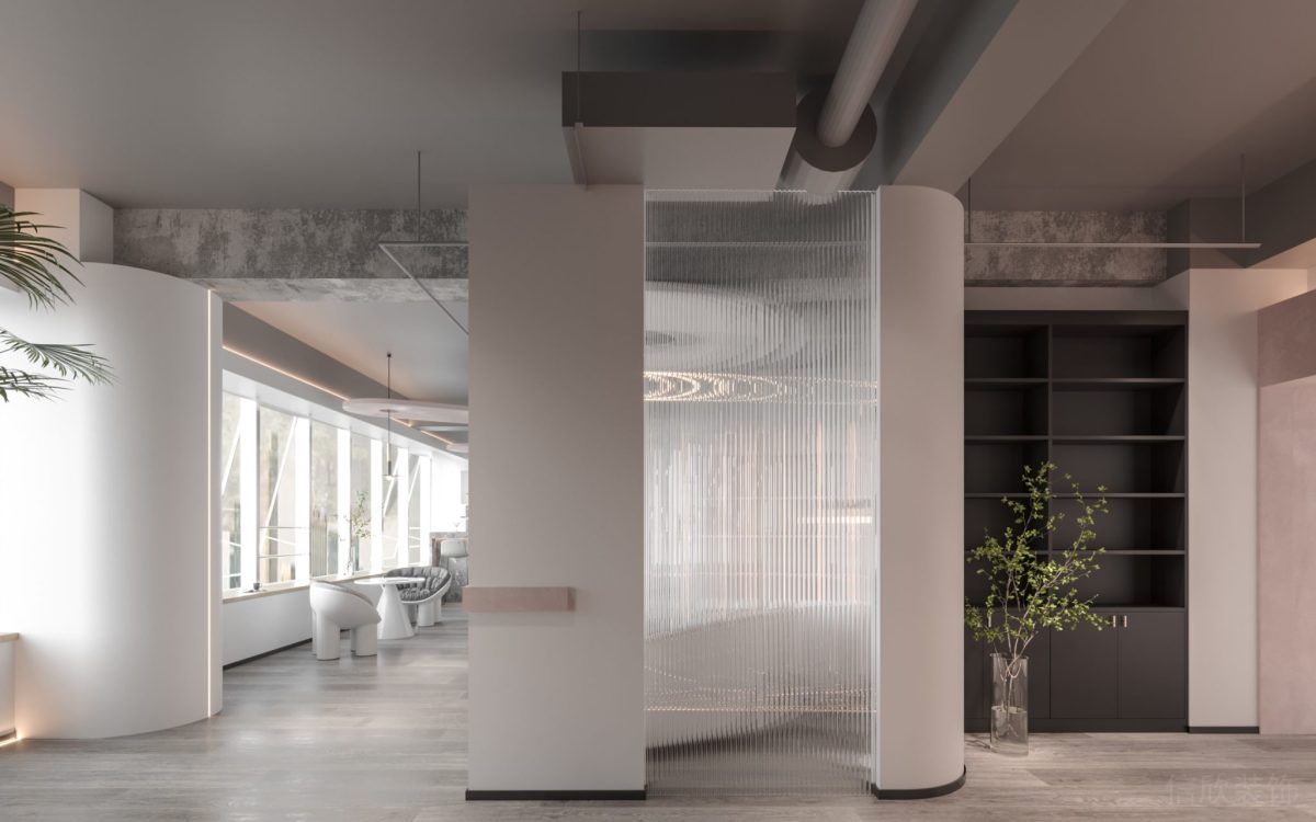 白色弧形支撐柱設(shè)計(jì)內(nèi)嵌式燈帶裝修辦公室走廊效果圖