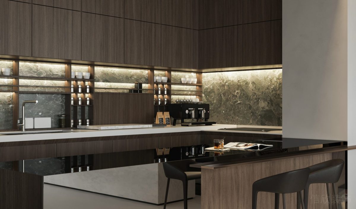 茶水間裝修設(shè)計環(huán)形開放式廚房休息區(qū)瓷磚效果