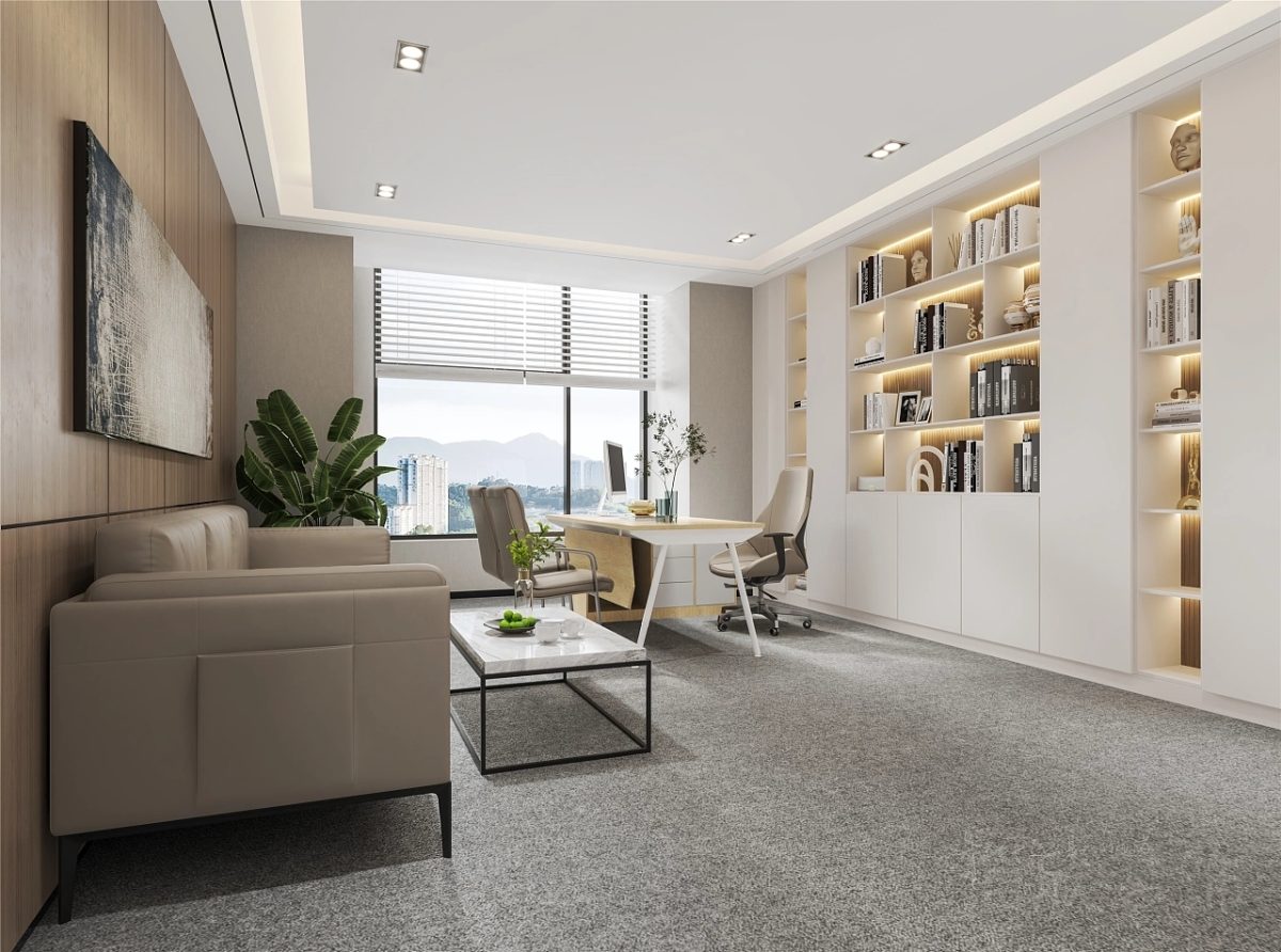 獨(dú)立辦公室裝修設(shè)計(jì)收納墻柜置物燈飾裝修皮革沙發(fā)休息區(qū)