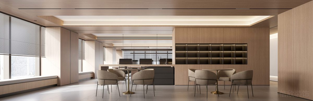 多人工位裝修設(shè)計洽談室木質(zhì)休息區(qū)內(nèi)嵌式多功能墻柜效果