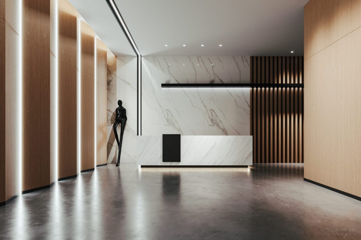 燈飾設(shè)計木質(zhì)墻體隔斷前臺區(qū)瓷磚白色效果輕奢風(fēng)大廳