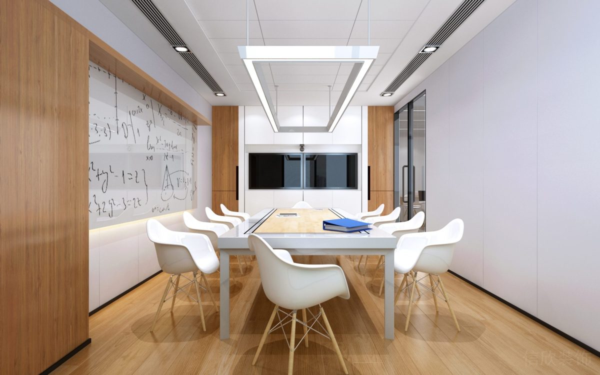 琺瑯白色墻體設(shè)計會議室裝修白色簡約風(fēng)效果環(huán)形燈飾效果圖