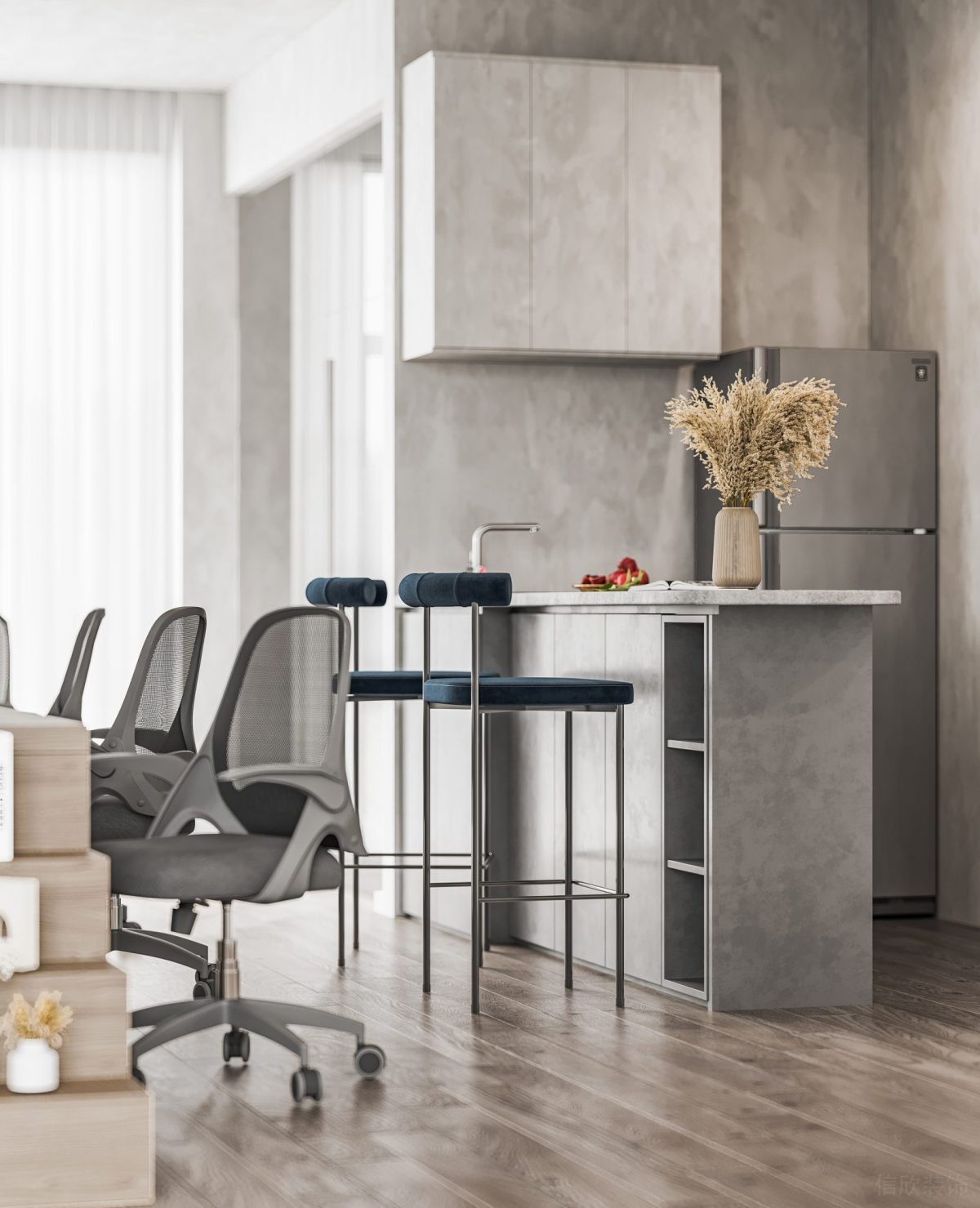 高腳椅設(shè)計(jì)灰色調(diào)墻體設(shè)計(jì)暈染裝修休息區(qū)過(guò)道木質(zhì)地板辦公室