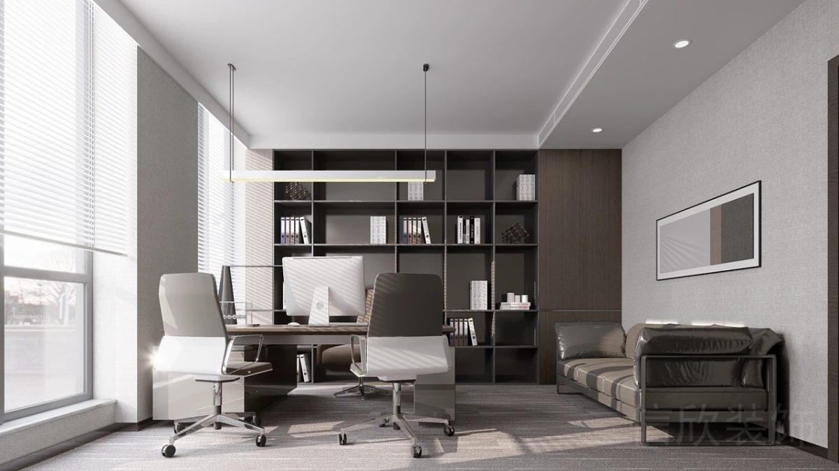 格子儲物柜木飾面設(shè)計(jì)總經(jīng)理辦公室灰色皮革沙發(fā)裝修