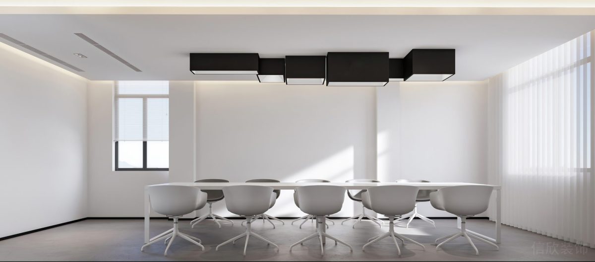 黑白色調(diào)會議室裝修辦公室裝修天花燈飾效果直線式長桌裝修