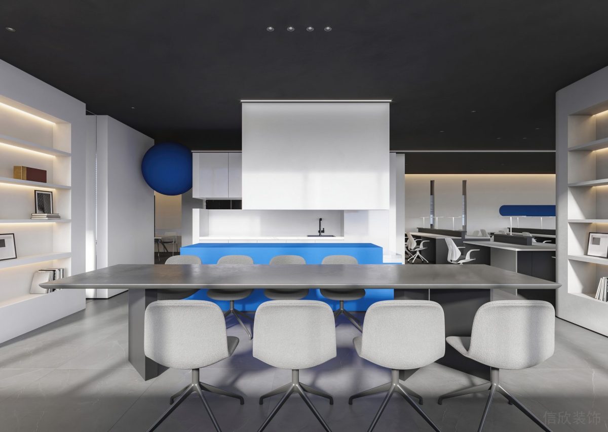 灰色鋁合金桌子設(shè)計黑色天花板墻漆裝修辦公室會議室效果圖