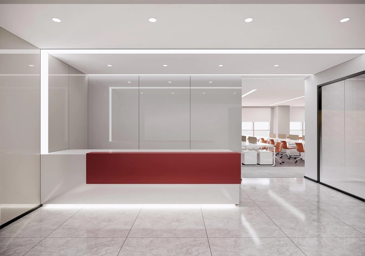 紅色前臺區(qū)內(nèi)嵌led燈飾設(shè)計前臺區(qū)裝飾效果辦公室設(shè)計圖