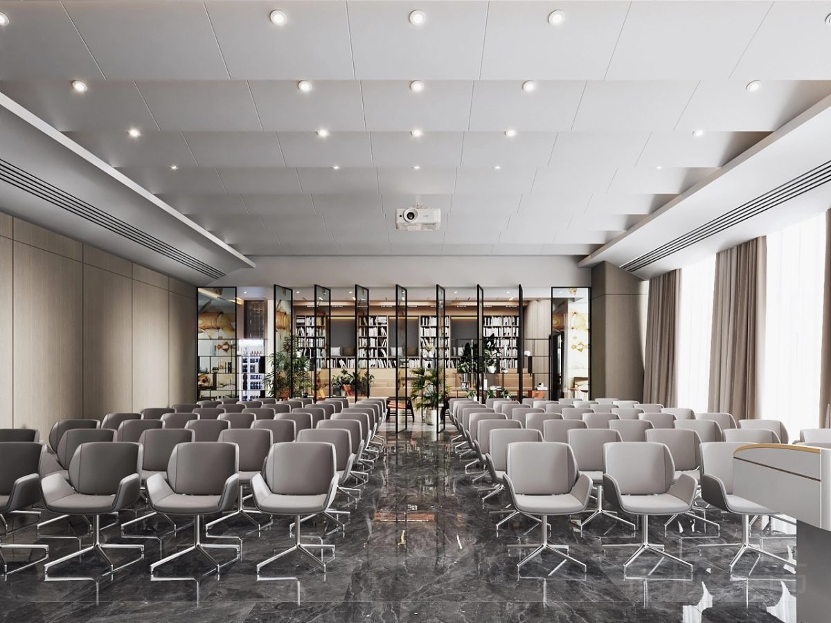 灰色設(shè)計裝修效果大理石地板會議室裝修效果階梯式天花