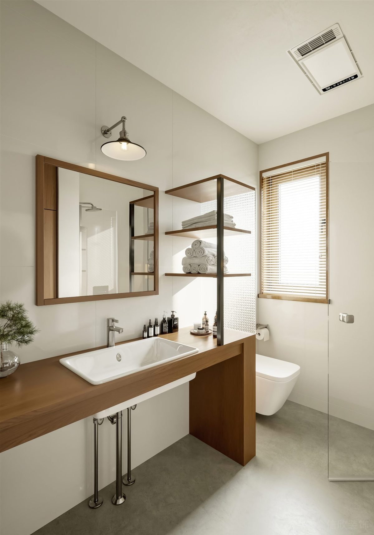 環(huán)形木質(zhì)洗手臺(tái)效果鏡面折疊玻璃隔斷浴室設(shè)計(jì)